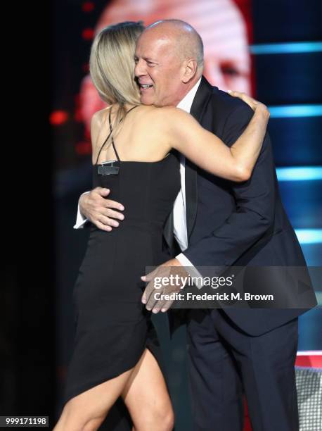 Nikki Glaser and Bruce Willis speak onstage during the Comedy Central Roast of Bruce Willis at Hollywood Palladium on July 14, 2018 in Los Angeles,...