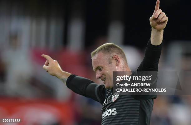 Wayne Rooney of DC United celebrates after a goal was scored during the DC United vs the Vancouver Whitecaps FC match in Washington DC on July 14,...