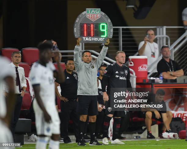 Wayne Rooney of DC United prepares to come onto the pitch during the DC United vs the Vancouver Whitecaps FC match in Washington DC on July 14, 2018.