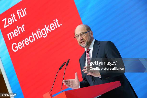 Germany's Social Democratic Party's top candidate, Martin Schulz, gives a statement about the Diesel scandal and the insolvency of Air Berlin at the...