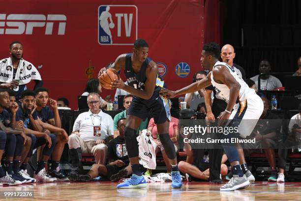 Jaren Jackson Jr. #13 of the Memphis Grizzlies handles the ball against the Utah Jazz during the 2018 Las Vegas Summer League on July 14, 2018 at the...