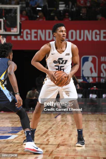 Malcolm Hill of the Utah Jazz handles the ball against the Memphis Grizzlies during the 2018 Las Vegas Summer League on July 14, 2018 at the Thomas &...