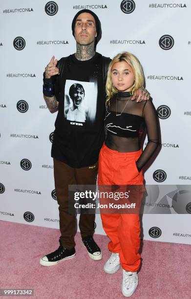 Travis Barker and Alabama Barker attend Beautycon Festival LA 2018 at Los Angeles Convention Center on July 14, 2018 in Los Angeles, California.