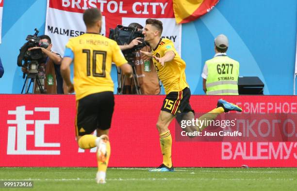 Thomas Meunier of Belgium celebrates his goal during the medal ceremony following the 2018 FIFA World Cup Russia 3rd Place Playoff match between...