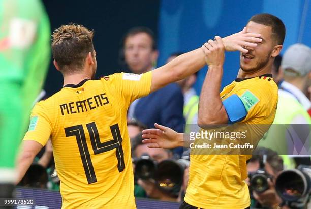 Eden Hazard of Belgium celebrates his goal with Dries Mertens during the 2018 FIFA World Cup Russia 3rd Place Playoff match between Belgium and...