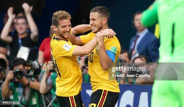 Eden Hazard of Belgium celebrates his goal with Dries Mertens during the 2018 FIFA World Cup Russia 3rd Place Playoff match between Belgium and...
