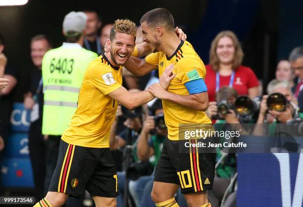 Eden Hazard of Belgium celebrates his goal with Dries Mertens during the 2018 FIFA World Cup Russia 3rd Place Playoff match between Belgium and...