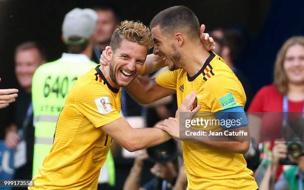 Eden Hazard of Belgium celebrates his goal with Dries Mertens during the 2018 FIFA World Cup Russia 3rd Place Playoff match between Belgium and...