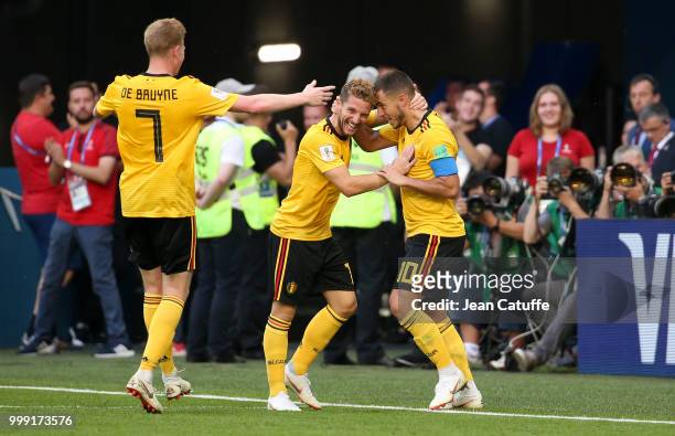 Eden Hazard of Belgium celebrates his goal with Dries Mertens, Kevin De Bruyne during the 2018 FIFA World Cup Russia 3rd Place Playoff match between...