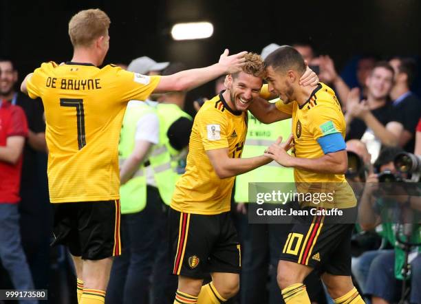 Eden Hazard of Belgium celebrates his goal with Dries Mertens, Kevin De Bruyne during the 2018 FIFA World Cup Russia 3rd Place Playoff match between...