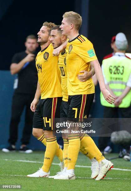 Eden Hazard of Belgium celebrates his goal between Dries Mertens and Kevin De Bruyne during the 2018 FIFA World Cup Russia 3rd Place Playoff match...