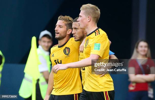 Eden Hazard of Belgium celebrates his goal between Dries Mertens and Kevin De Bruyne during the 2018 FIFA World Cup Russia 3rd Place Playoff match...