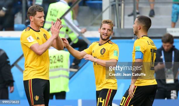 Eden Hazard of Belgium celebrates his goal with Jan Vertonghen, Dries Mertens during the 2018 FIFA World Cup Russia 3rd Place Playoff match between...