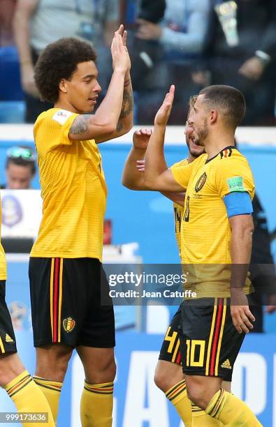 Eden Hazard of Belgium celebrates his goal with Axel Witsel of Belgium during the 2018 FIFA World Cup Russia 3rd Place Playoff match between Belgium...