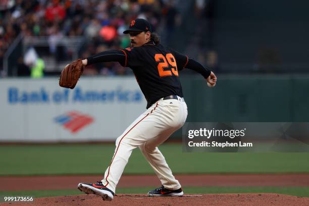 Jeff Samardzija of the San Francisco Giants delivers a pitch during the first inning against the Oakland Athletics at AT&T Park on July 14, 2018 in...