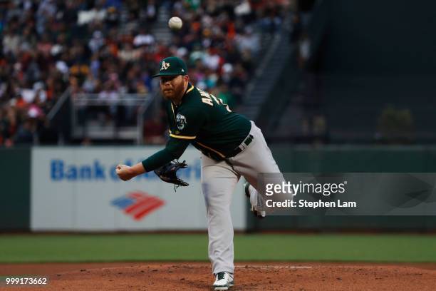 Brett Anderson of the Oakland Athletics delivers a pitch during the first inning against the San Francisco Giants at AT&T Park on July 14, 2018 in...