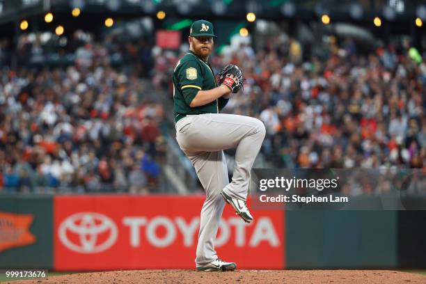 Brett Anderson of the Oakland Athletics delivers a pitch during the second inning against the San Francisco Giants at AT&T Park on July 14, 2018 in...