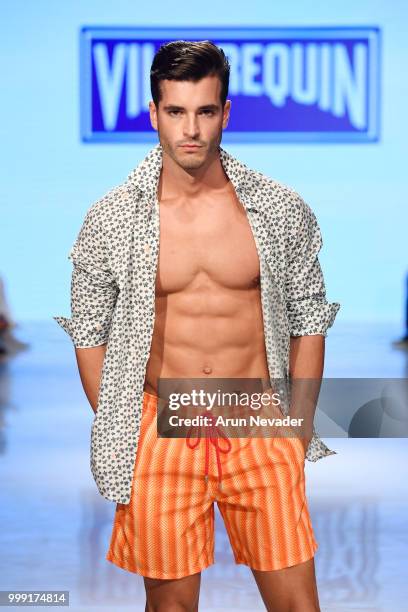 Model walks the runway for Vilebrequin at Miami Swim Week powered by Art Hearts Fashion Swim/Resort 2018/19 at Faena Forum on July 14, 2018 in Miami...