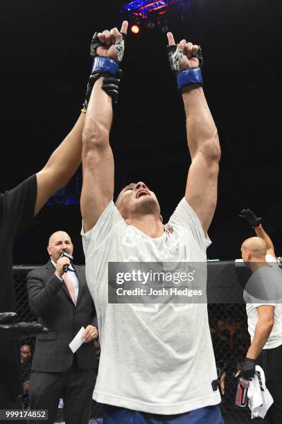 Niko Price celebrates his KO victory over Randy Brown of Jamaica in their welterweight fight during the UFC Fight Night event inside CenturyLink...