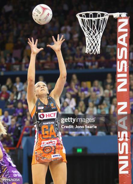 Joanne Harten of the Giants catches the ball during the round 11 Super Netball match between the Firebirds and the Giants at Brisbane Entertainment...