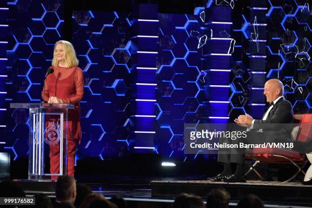 Bruce Willis reacts while Cybill Shepherd speaks onstage during the Comedy Central Roast of Bruce Willis at Hollywood Palladium on July 14, 2018 in...