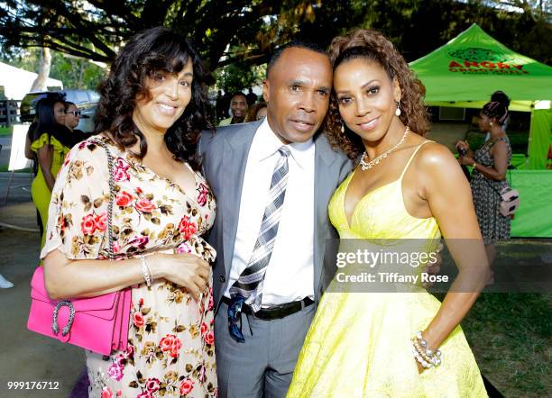 Bernadette Robi, Sugar Ray Leonard and Holly Robinson Peete attend the HollyRod 20th Annual DesignCare at Cross Creek Farm on July 14, 2018 in...