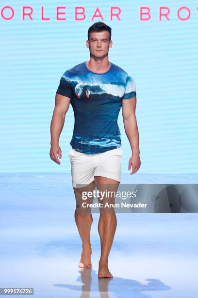 Model walks the runway for Orlebar Brown at Miami Swim Week powered by Art Hearts Fashion Swim/Resort 2018/19 at Faena Forum on July 14, 2018 in...