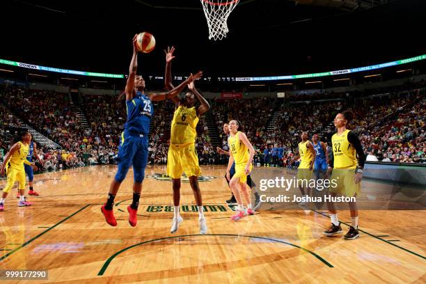 Glory Johnson of the Dallas Wings shoots the ball during the game against the Seattle Storm on July 14, 2018 at Key Arena in Seattle, Washington....