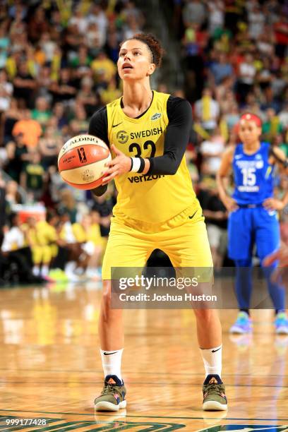 Alysha Clark of the Seattle Storm shoots the ball during the game against the Seattle Storm on July 14, 2018 at Key Arena in Seattle, Washington....