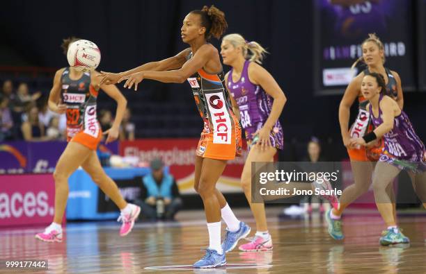 Serena Guthrie of the Giants passes the ball during the round 11 Super Netball match between the Firebirds and the Giants at Brisbane Entertainment...