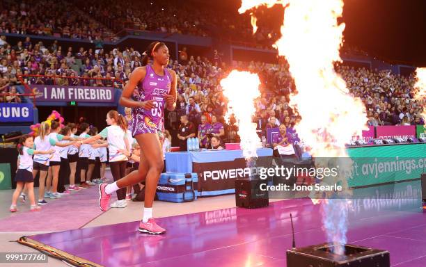 Romelda Aiken of the Firebirds runs out during the round 11 Super Netball match between the Firebirds and the Giants at Brisbane Entertainment Centre...