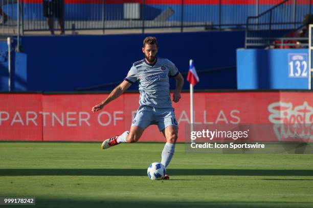 Chicago Fire defender Jonathan Campbell kicks the ball during the game between FC Dallas and Chicago Fire on July 14 at Toyota Stadium in Frisco, TX.