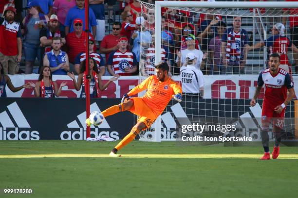 Chicago Fire goalkeeper Richard Sanchez kicks the ball during the game between FC Dallas and Chicago Fire on July 14 at Toyota Stadium in Frisco, TX.