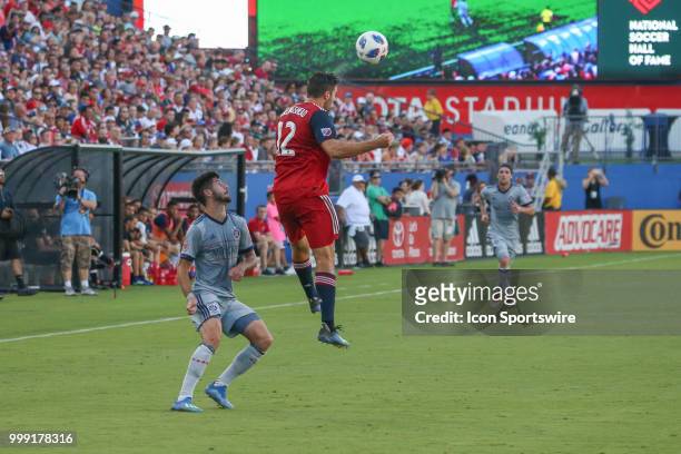 Dallas midfielder Ryan Hollingshead hits a header during the game between FC Dallas and Chicago Fire on July 14 at Toyota Stadium in Frisco, TX.