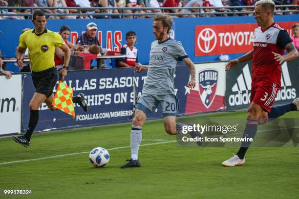 Chicago Fire midfielder Daniel Johnson moves the ball during the game between FC Dallas and Chicago Fire on July 14 at Toyota Stadium in Frisco, TX.