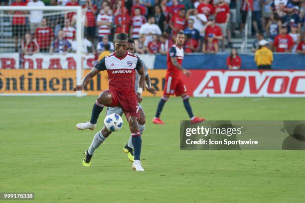 Dallas midfielder Carlos Gruezo kicks the ball during the game between FC Dallas and Chicago Fire on July 14 at Toyota Stadium in Frisco, TX.