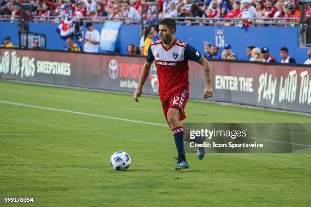 Dallas midfielder Ryan Hollingshead moves the ball during the game between FC Dallas and Chicago Fire on July 14 at Toyota Stadium in Frisco, TX.