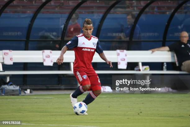 Dallas midfielder Michael Barrios kicks the ball during the game between FC Dallas and Chicago Fire on July 14 at Toyota Stadium in Frisco, TX.