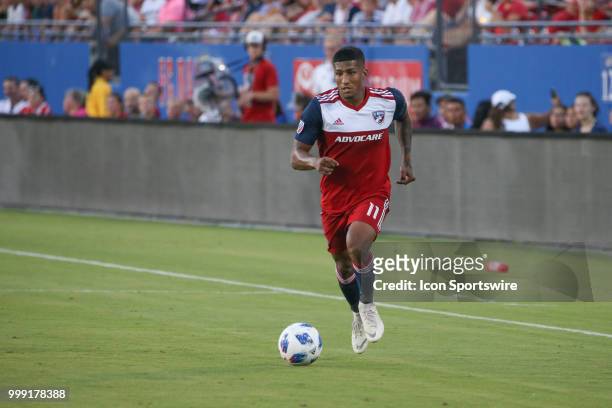 Dallas midfielder Santiago Mosquera runs with the ball during the game between FC Dallas and Chicago Fire on July 14 at Toyota Stadium in Frisco, TX.