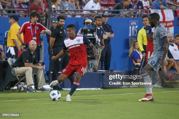 Dallas midfielder Santiago Mosquera kicks the ball during the game between FC Dallas and Chicago Fire on July 14 at Toyota Stadium in Frisco, TX.