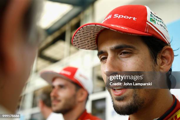 Race winner Lucas di Grassi of Audi Sport ABT Schaeffler Formula E Team speaks to journalists during the Formula E New York City Race on July 14,...