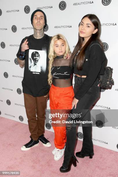 Travis Barker, Alabama Luella Barker and Atiana de la Hoya attend the Beautycon Festival LA 2018 at the Los Angeles Convention Center on July 14,...