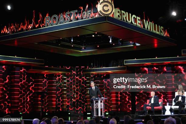 Edward Norton, Bruce Willis, Nikki Glaser and Kevin Pollak speak onstage during the Comedy Central Roast of Bruce Willis at Hollywood Palladium on...