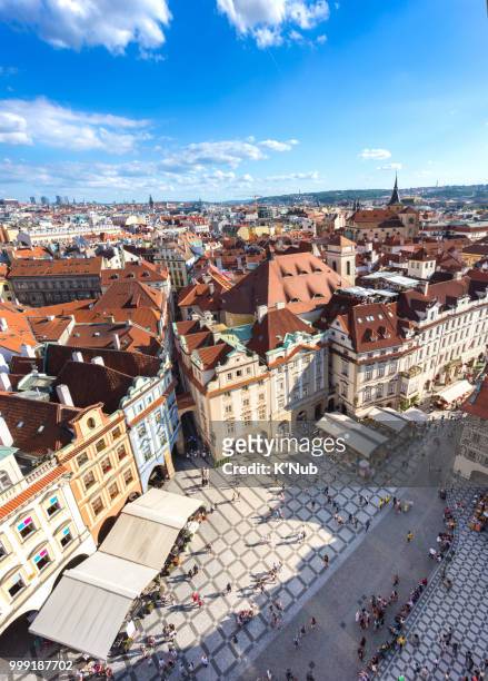 prague old town square with old church and castle in shopping street where is the famous landmark for tourist in prague, czech republic, europe - teynkirche stock-fotos und bilder