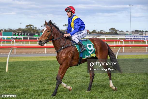 Linda Meech returns to the mounting yard on The Closer after winning the Hyland Race Colours Two-Years-Old Fillies Handicap, at Geelong Racecourse on...