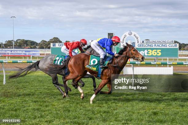 The Closer ridden by Linda Meech wins the Hyland Race Colours Two-Years-Old Fillies Handicap at Geelong Racecourse on July 15, 2018 in Geelong,...