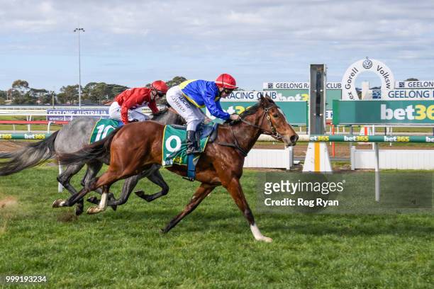 The Closer ridden by Linda Meech wins the Hyland Race Colours Two-Years-Old Fillies Handicap at Geelong Racecourse on July 15, 2018 in Geelong,...