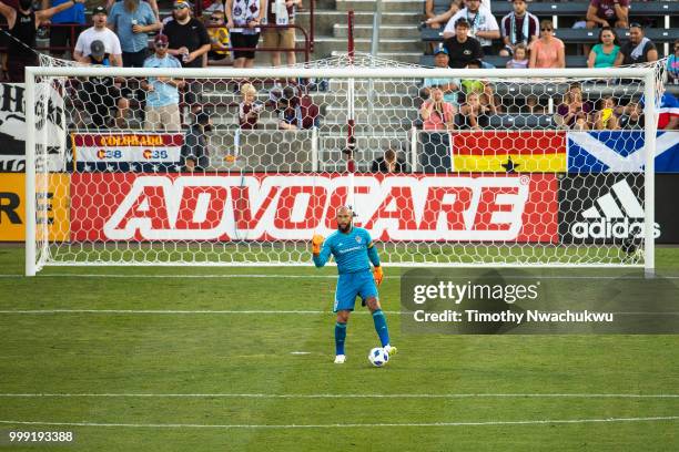 Tim Howard of Colorado Rapids gestures to teammates against the Houston Dynamo at Dick's Sporting Goods Park on July 14, 2018 in Commerce City,...