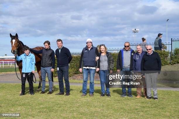 Connections of The Closer after winning the Hyland Race Colours Two-Years-Old Fillies Handicap, at Geelong Racecourse on July 15, 2018 in Geelong,...