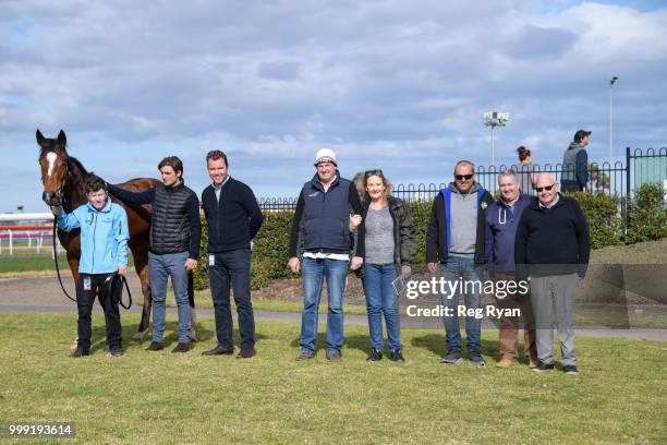 Connections of The Closer after winning the Hyland Race Colours Two-Years-Old Fillies Handicap, at Geelong Racecourse on July 15, 2018 in Geelong,...